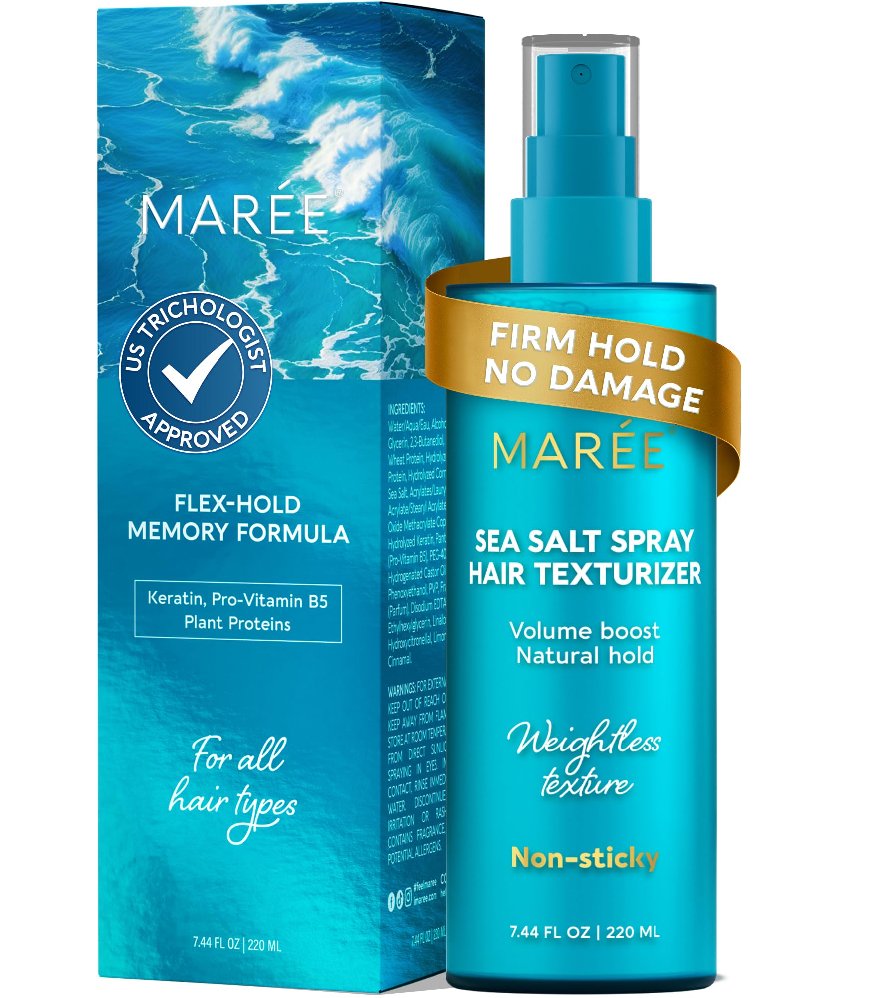 MAREE Texture Spray bottle with sea salt for natural beach waves and flexible hold.
