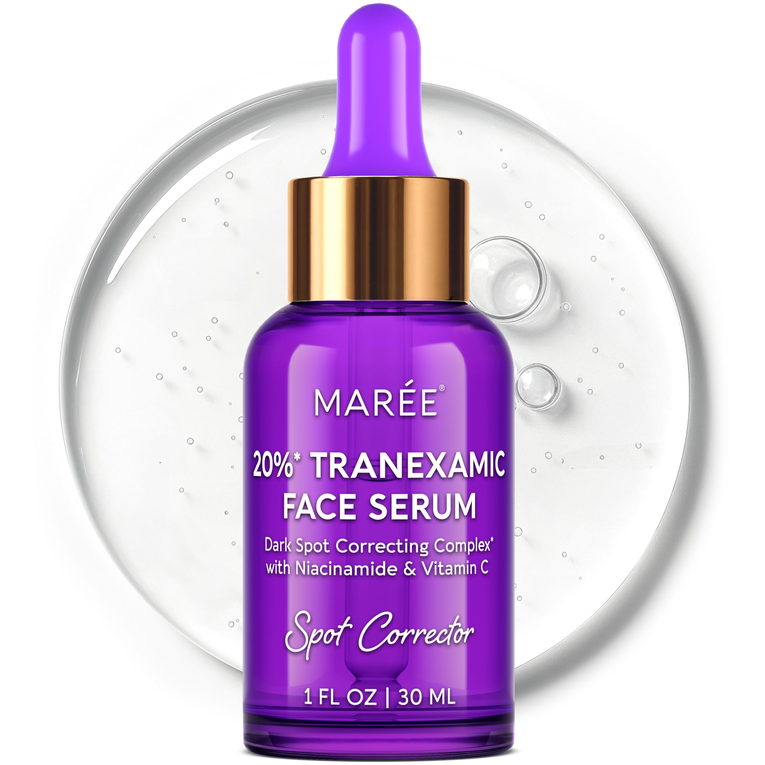 MAREE TX20 serum bottle closeup highlighting tranexamic acid for brighter, more even skin tone.