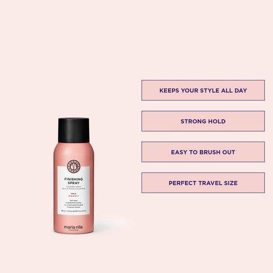 Maria Nila Finishing Spray applied after blow-drying on styled hair for lasting, brushable hold.