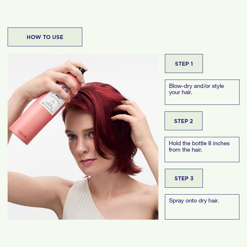 Maria Nila Finishing Spray featuring Color Guard protection against UV and oxidative stress.