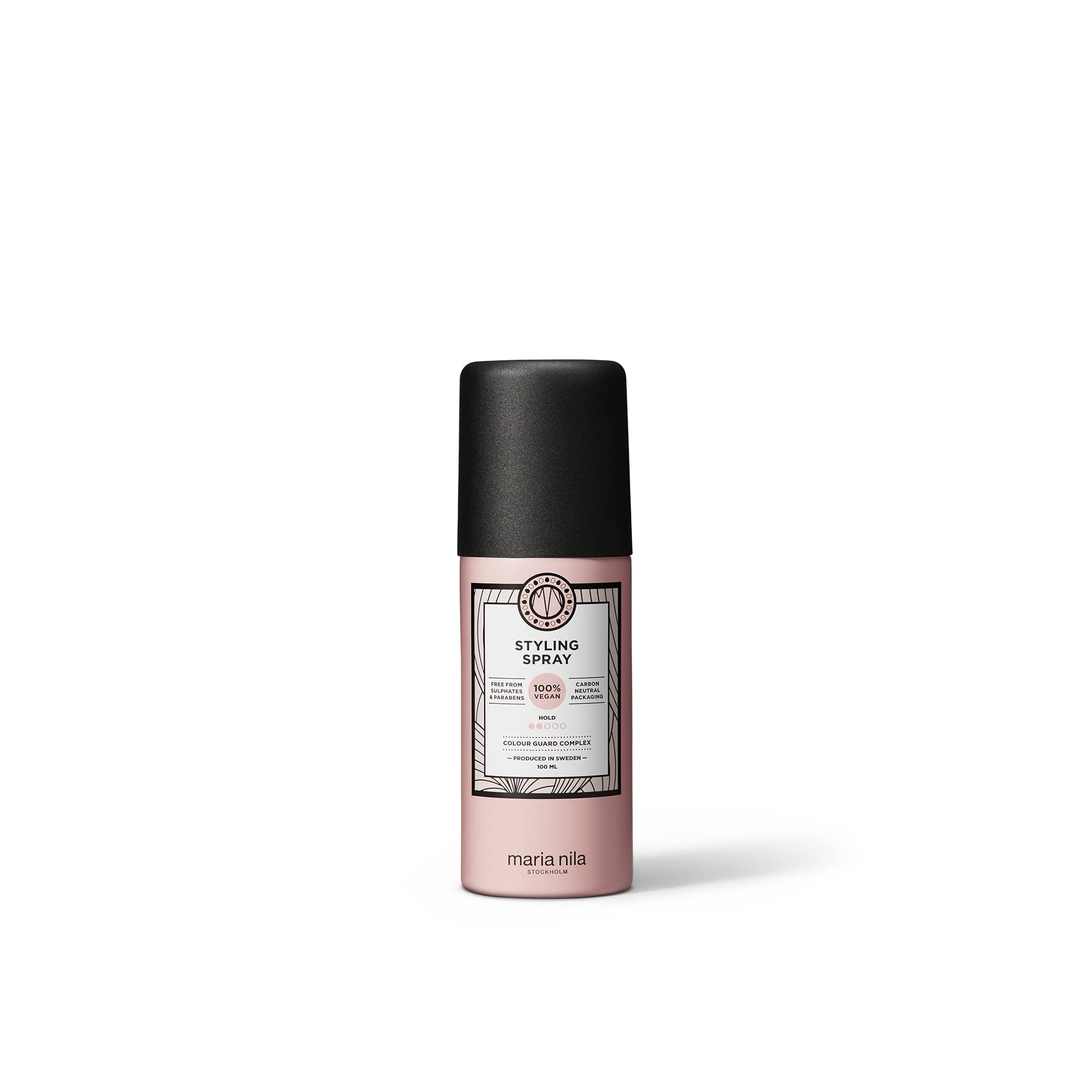 Maria Nila Styling Spray bottle close-up showing light hold and shine.