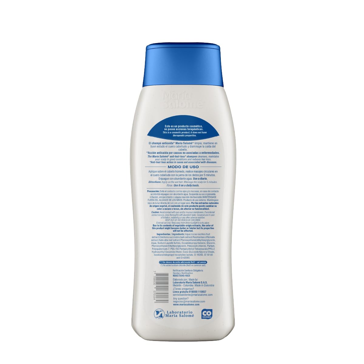 Maria Salome shampoo bottle angled to emphasize design.