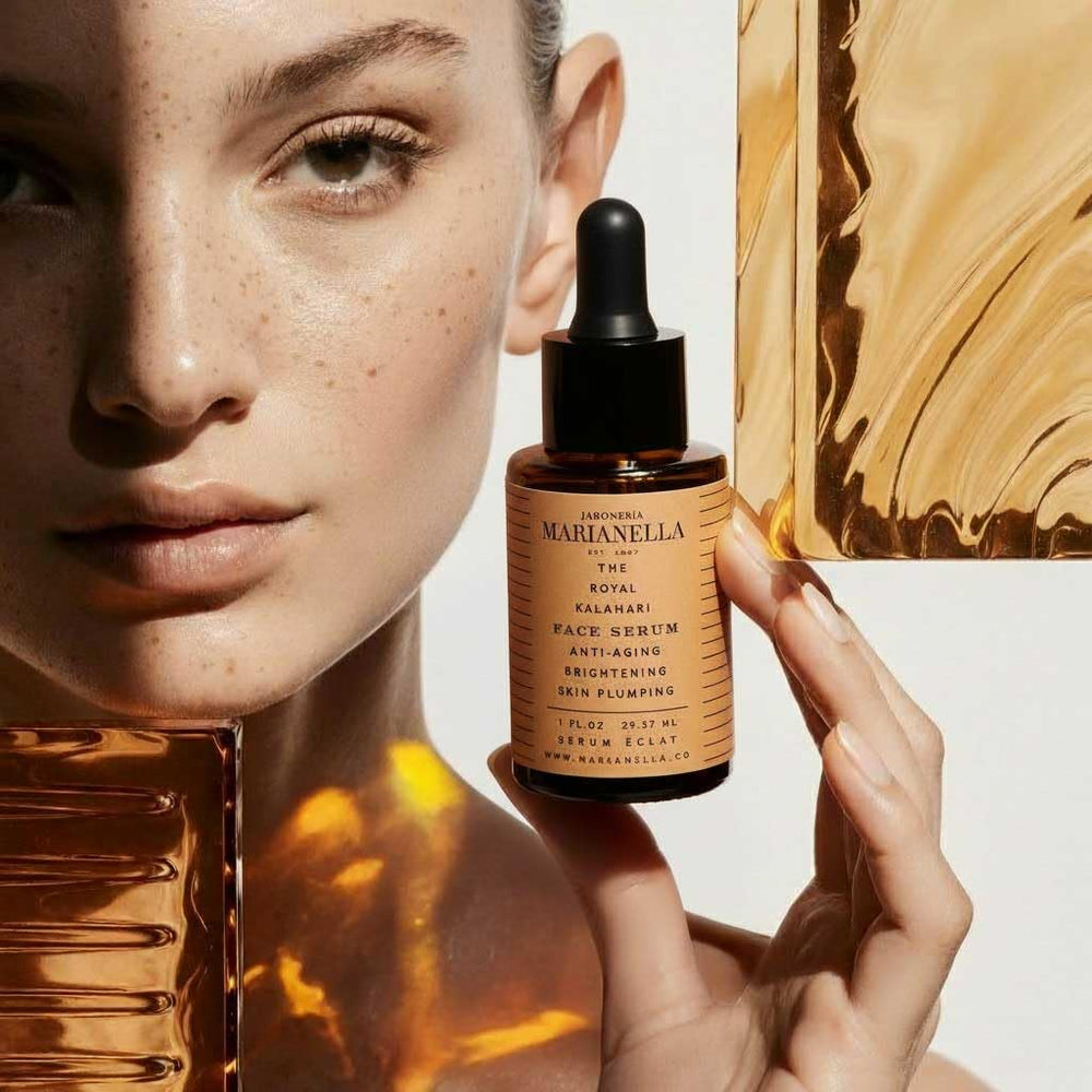 Marianella monoi Tahiti oil close-up suggests soothing, sun-friendly skin care.