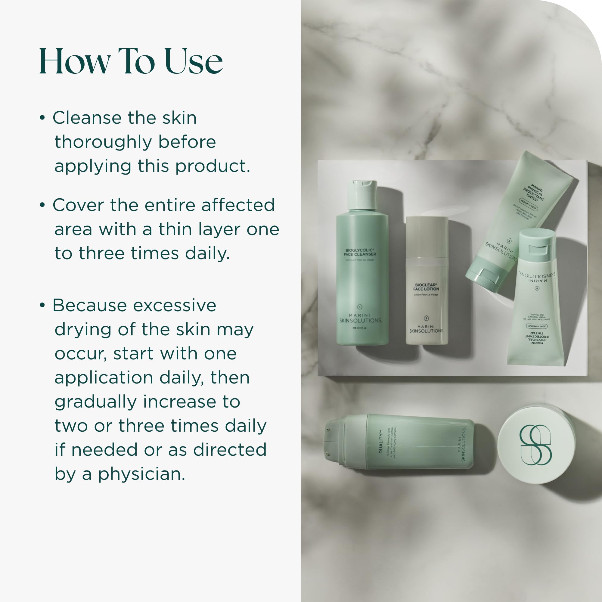 Marini SkinSolutions benzoyl peroxide lotion application routine shown for daily care