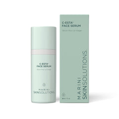 Marini SkinSolutions C-ESTA Face Serum bottle highlighting vitamin C and DMAE benefits for radiant skin.