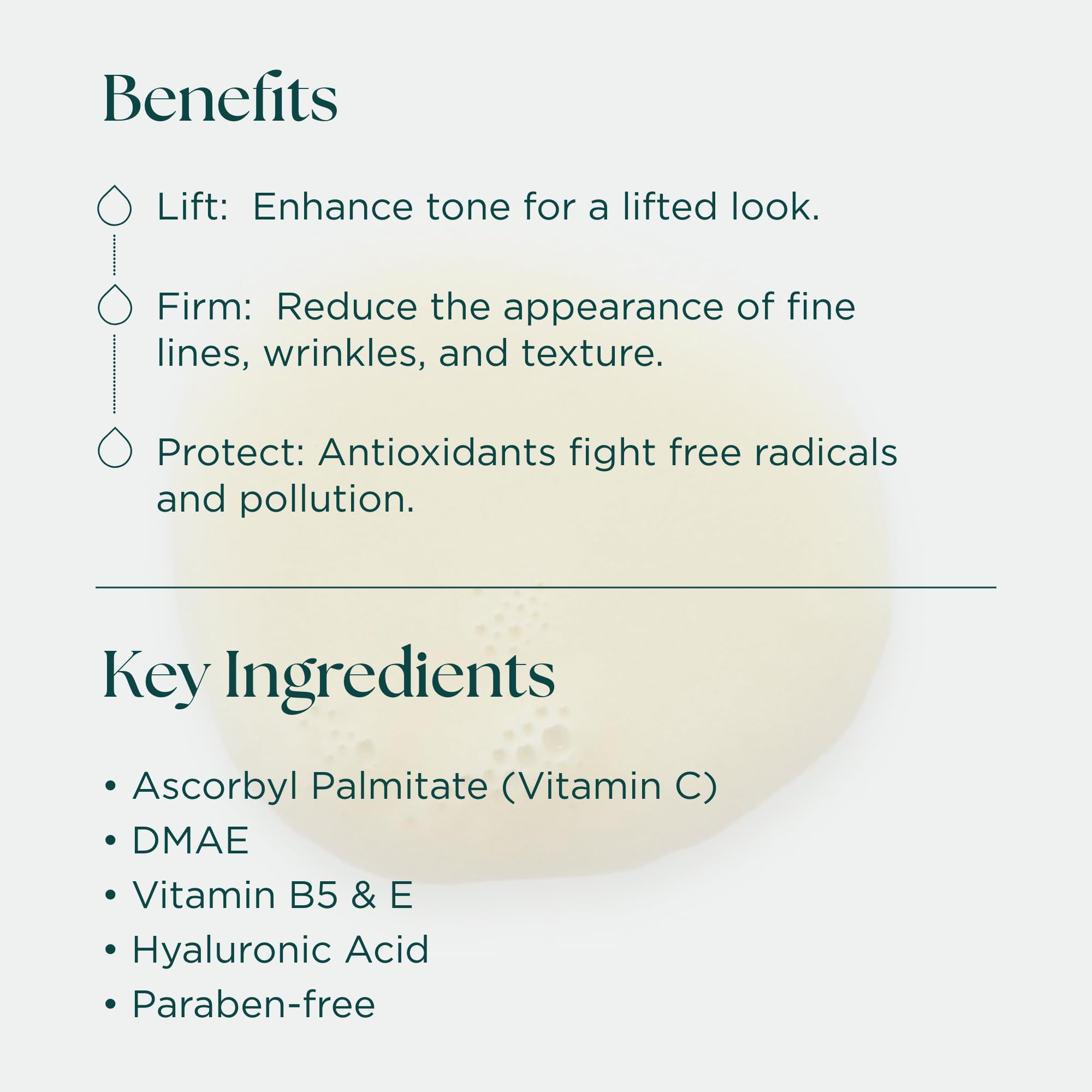 Droplets on the serum texture illustrating a hydrating, lightweight formula.