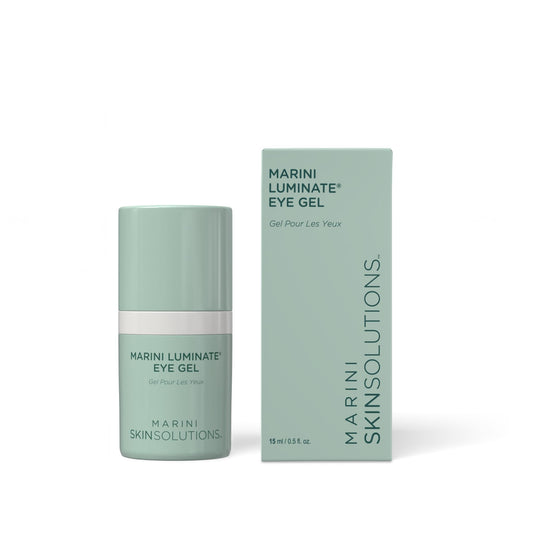 Marini SkinSolutions Luminate Eye Gel bottle pour demonstrates easy dispensing for daily use