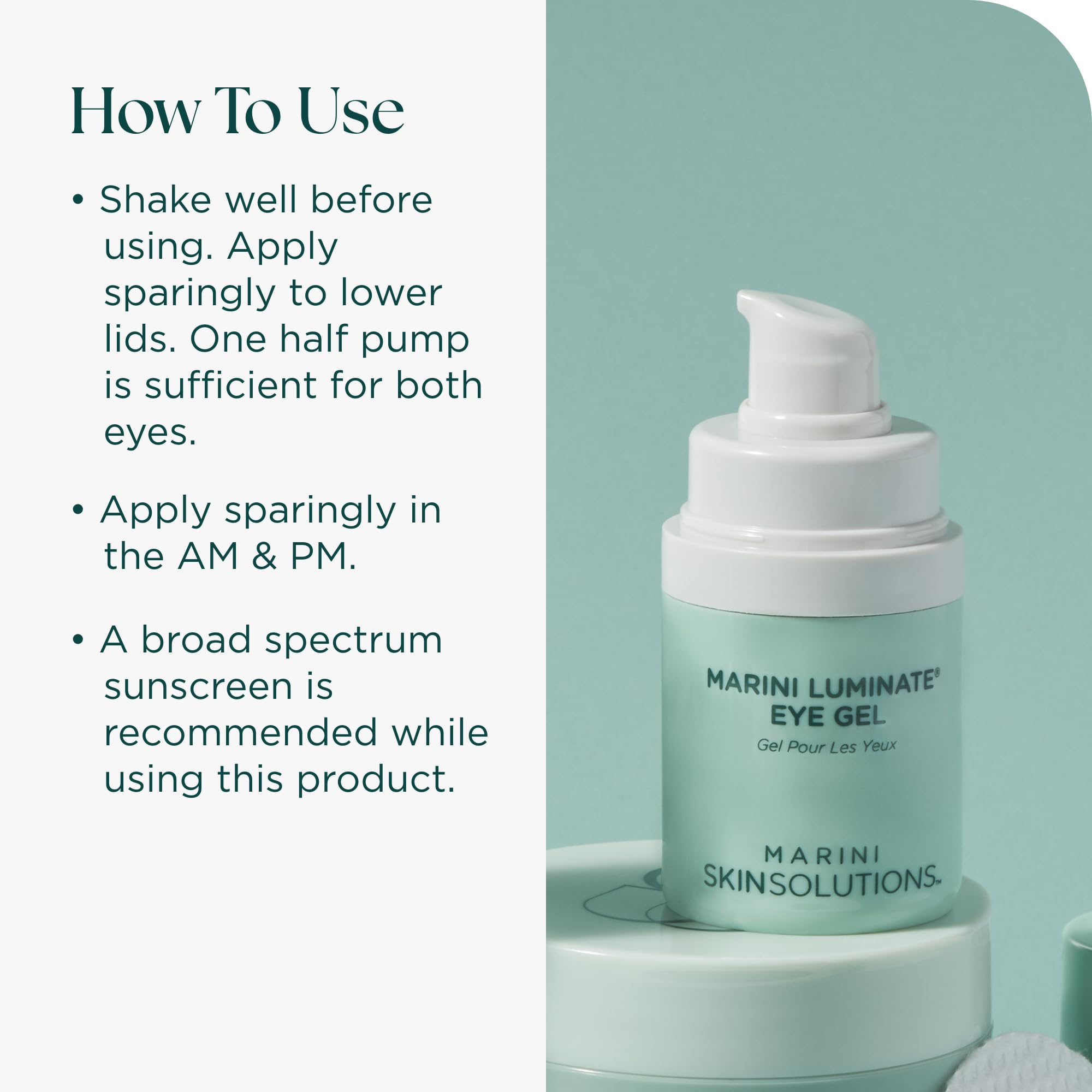 Marini SkinSolutions Luminate Eye Gel tube cap for precise dispensing