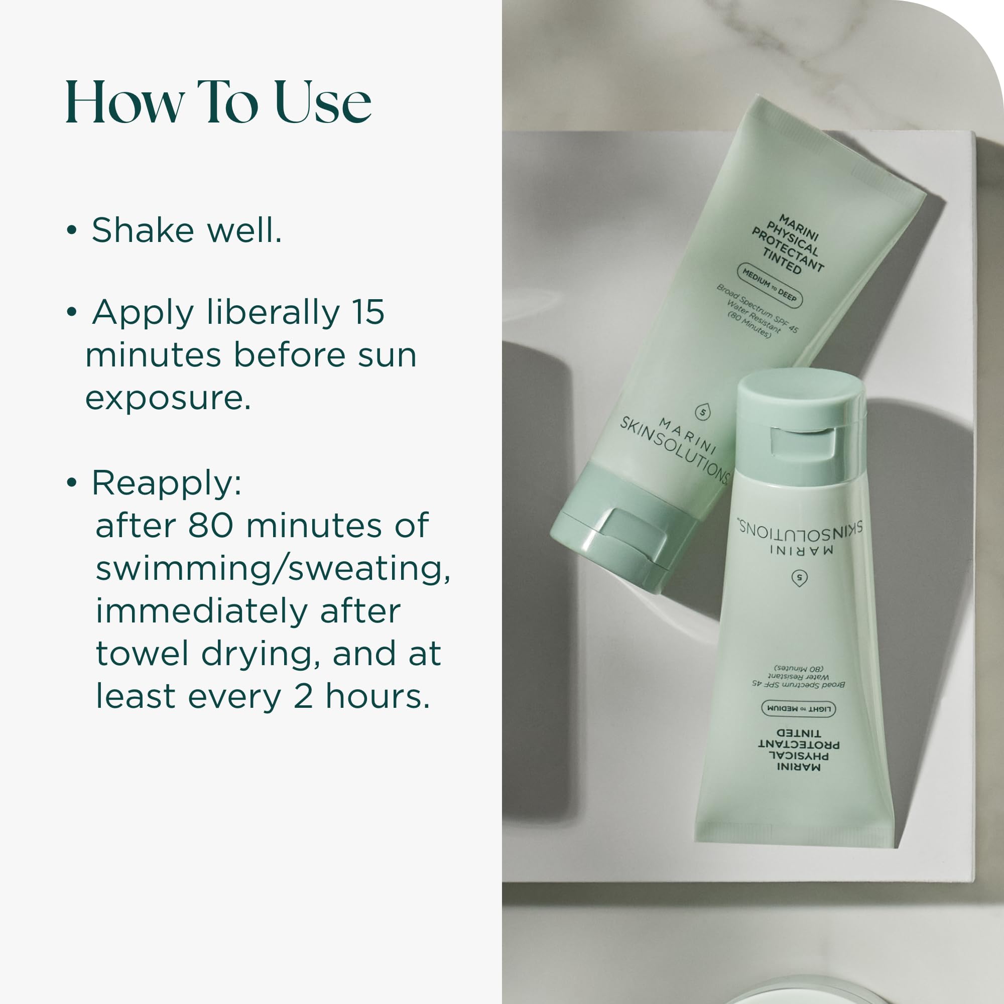 Marini SkinSolutions tinted bottle displaying water resistance up to 80 minutes
