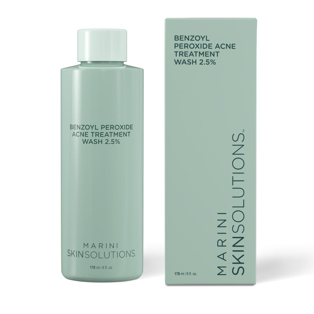 Marini SkinSolutions benzoyl peroxide wash bottle front showing acne care focus.