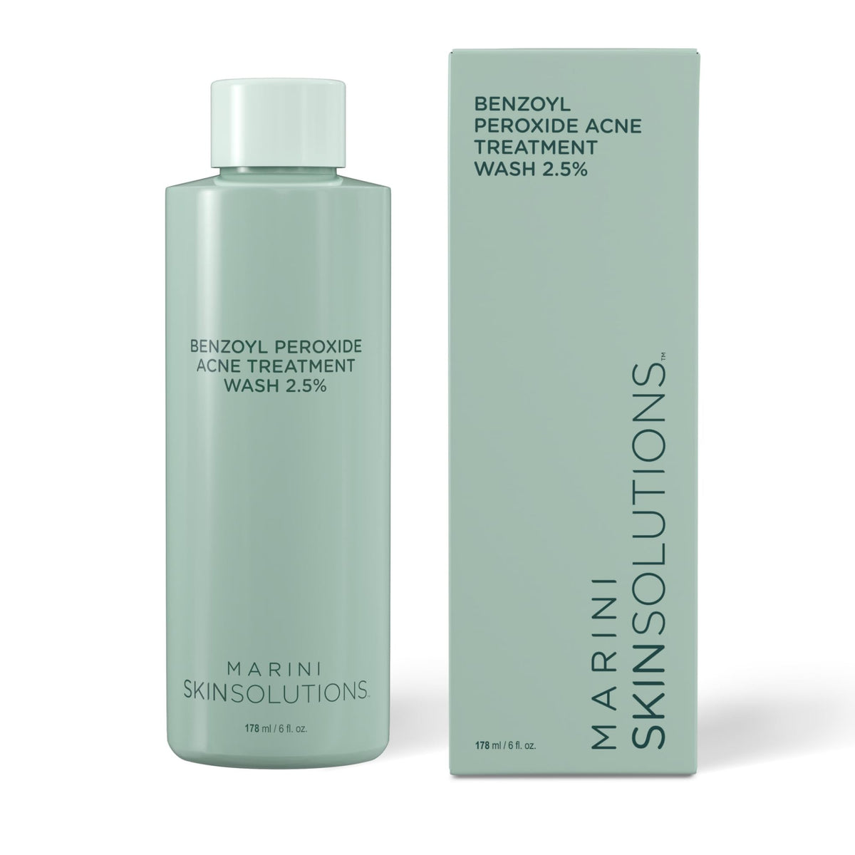 Marini SkinSolutions benzoyl peroxide wash bottle front showing acne care focus.
