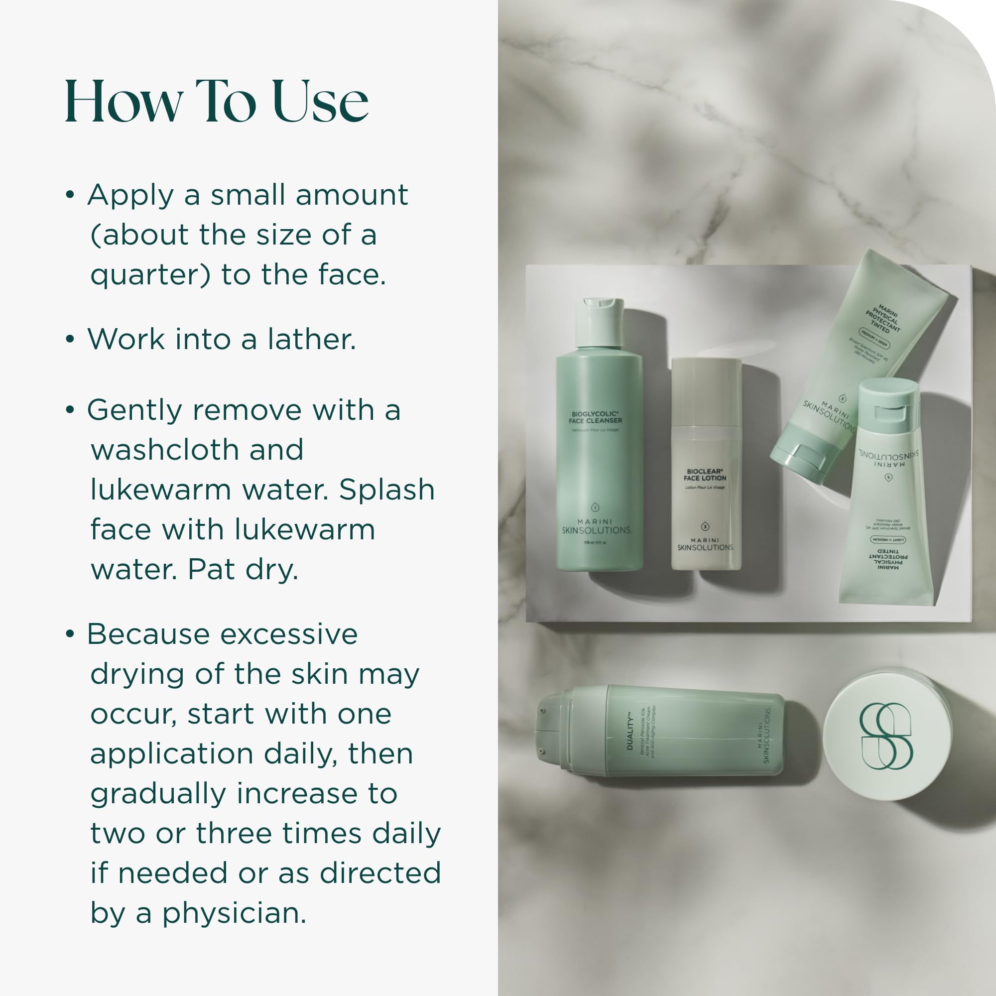 Marini SkinSolutions benzoyl peroxide wash USA-made label emphasizes quality and safety.