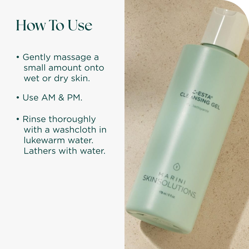 Label detail on Marini SkinSolutions C-ESTA cleansing gel highlighting cruelty-free and USA-made.