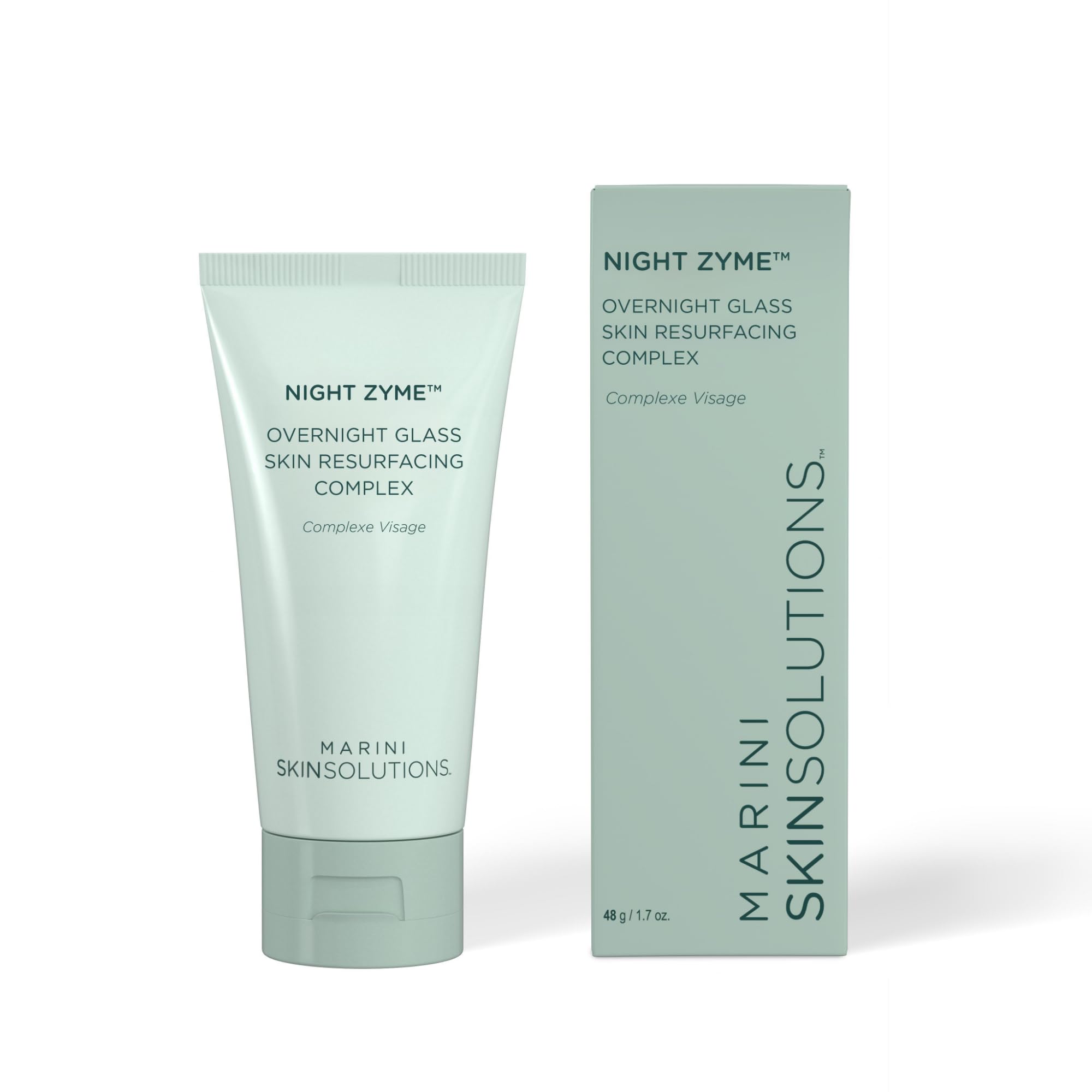 Marini SkinSolutions Night Zyme bottle, sleek packaging for nighttime radiance and smooth skin prep.