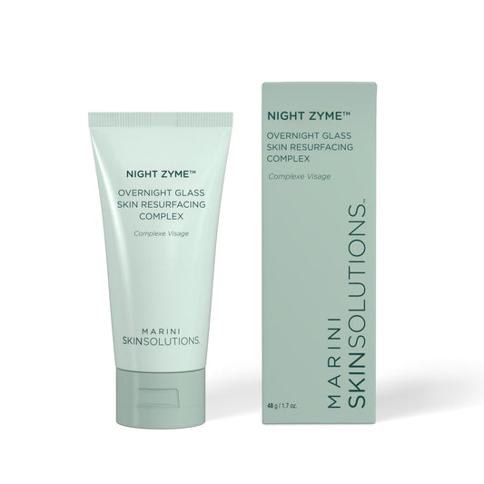 Marini SkinSolutions Night Zyme bottle, sleek packaging for nighttime radiance and smooth skin prep.