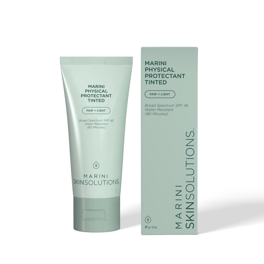 Marini SkinSolutions Physical Protectant Tinted bottle showing oil-control and SPF 45 for daily wear.