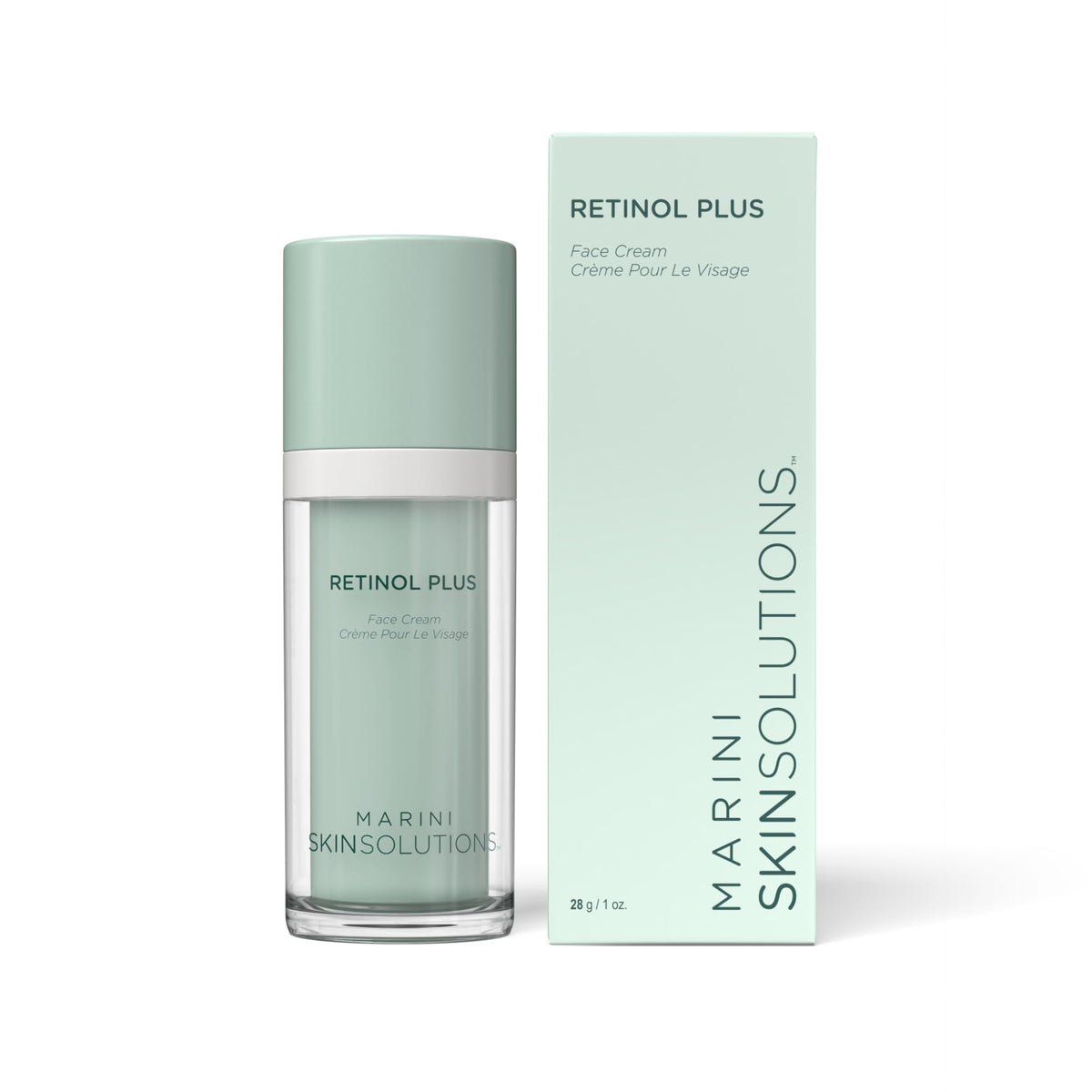 Marini SkinSolutions Retinol Plus bottle closeup highlighting anti-aging formula for smoother skin.