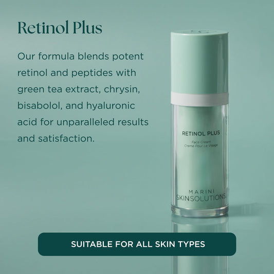 Marini SkinSolutions Retinol Plus cream swirl shows rich texture for hydration and luminosity.