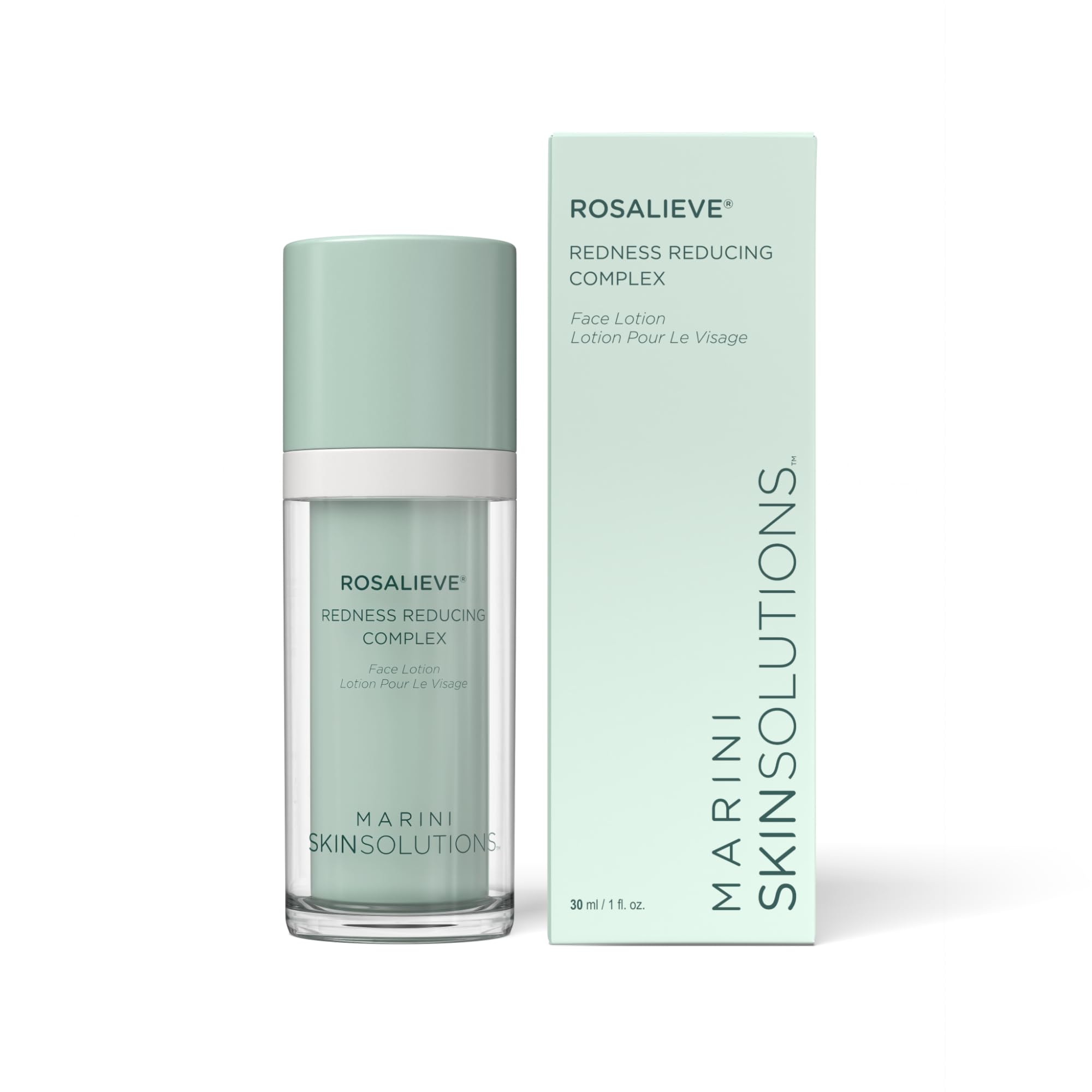 Marini SkinSolutions RosaLieve face lotion bottle shows a creamy texture for redness relief and hydration.