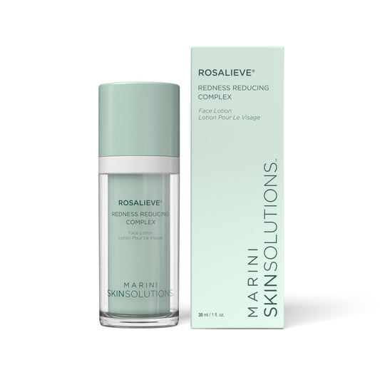 Marini SkinSolutions RosaLieve face lotion bottle shows a creamy texture for redness relief and hydration.