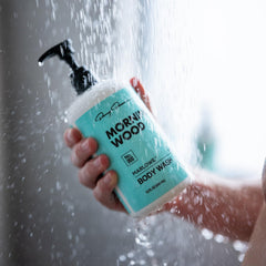 Close-up of MARLOWE Morning Wood label showing Santal scent and ingredients