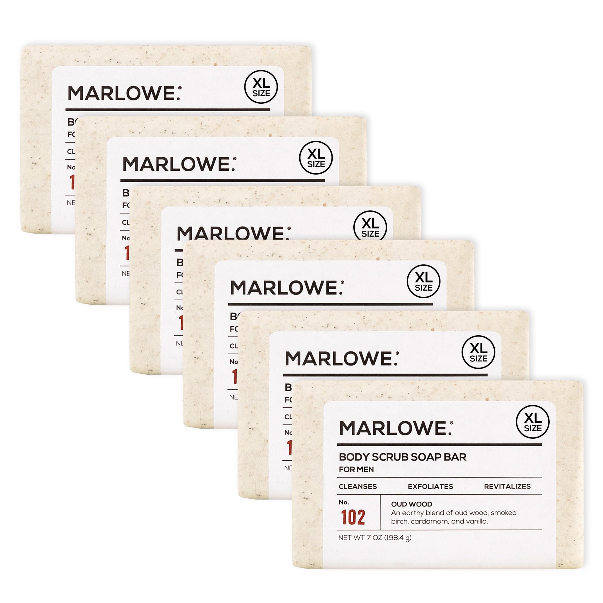 MARLOWE No. 102 Oud Wood body scrub close-up shows smooth, refreshed skin
