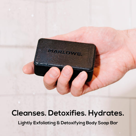 MARLOWE No. 106 charcoal soap 3-bar pack ready for daily use.