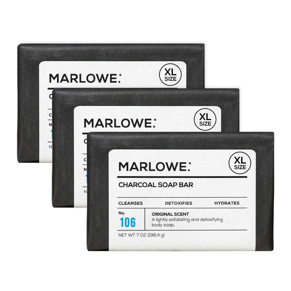 MARLOWE No. 106 charcoal soap close-up showcasing purifying cleanse and rich lather.