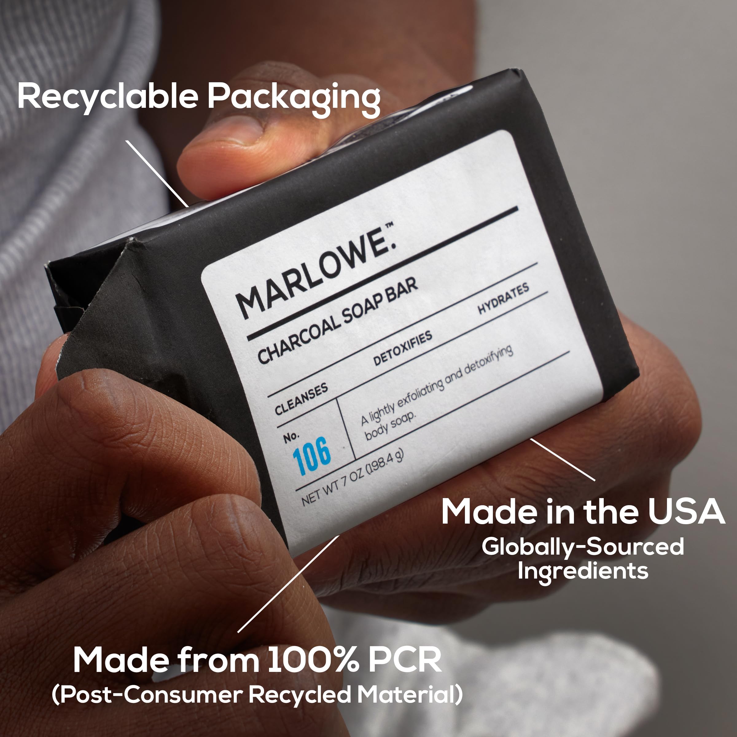 MARLOWE No. 106 charcoal soap with olive oil and green tea extracts.