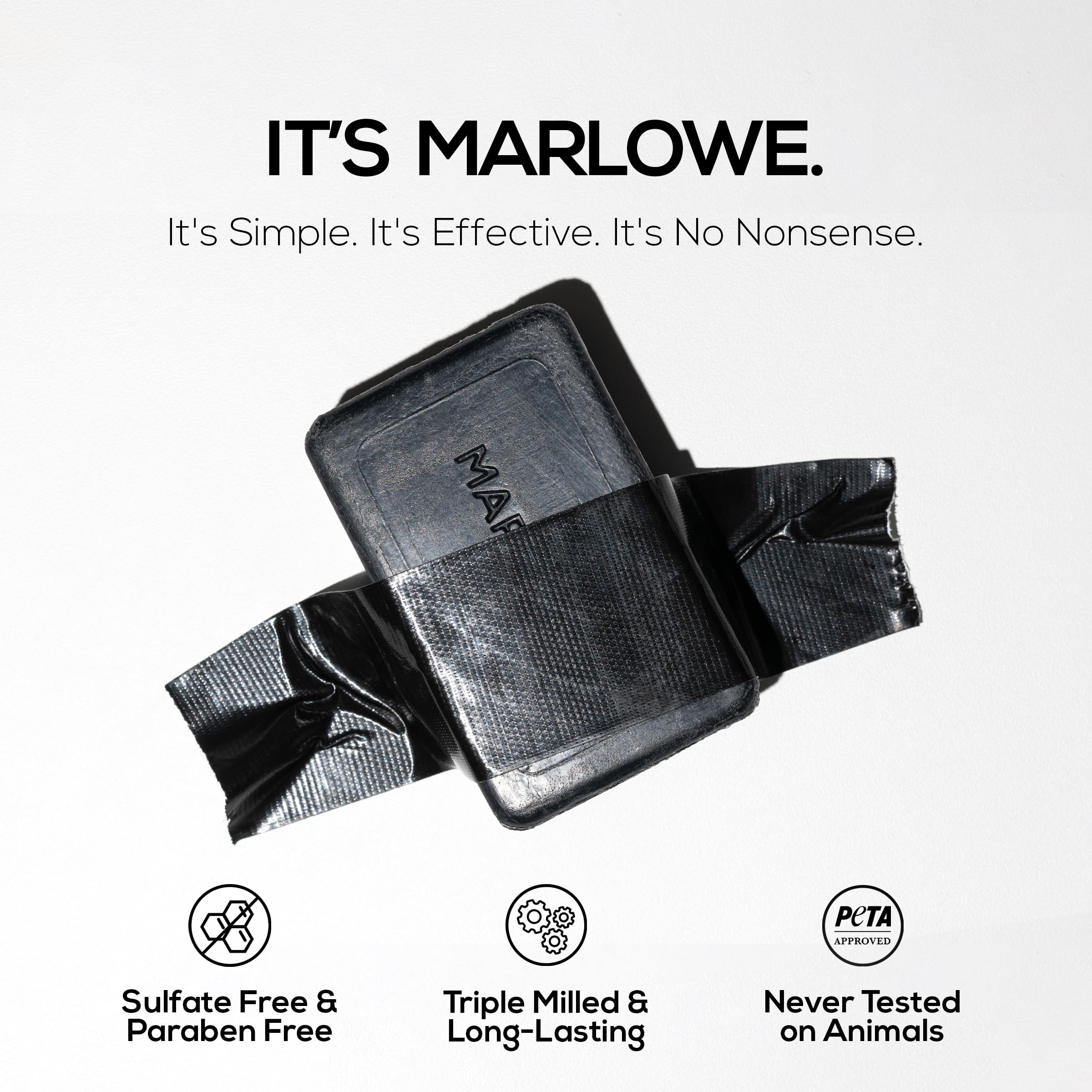 MARLOWE No. 106 charcoal soap vegan formula with clean, cruelty-free ingredients.