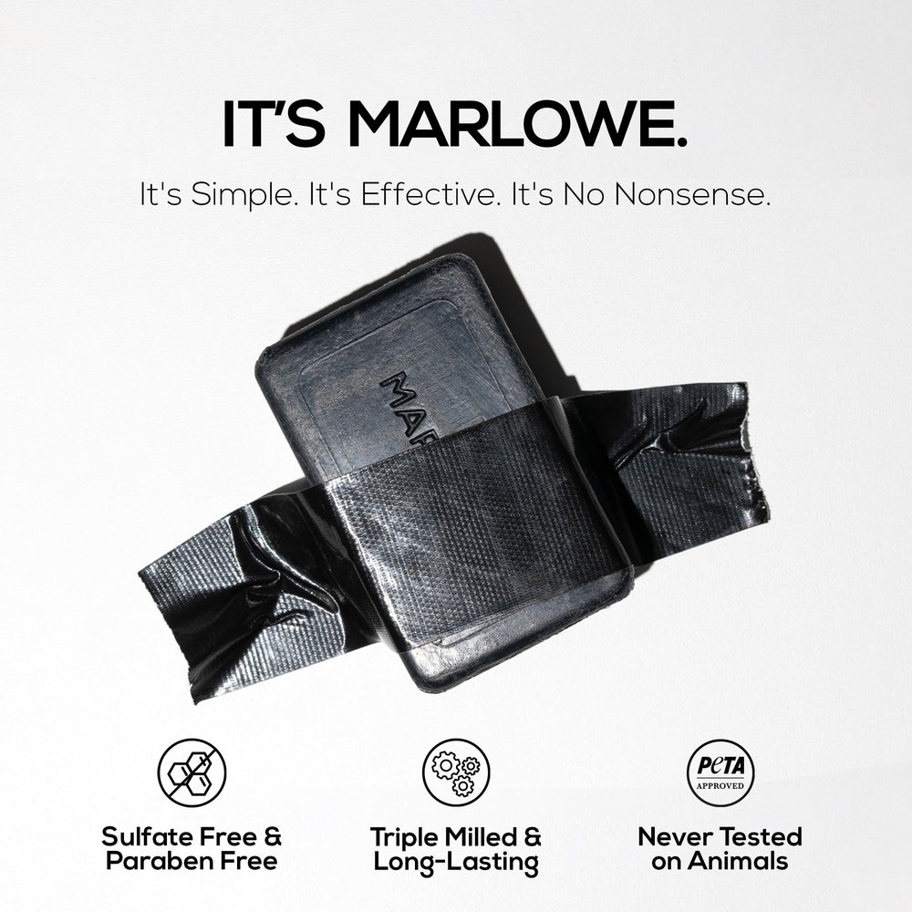 MARLOWE No. 106 charcoal soap vegan formula with clean, cruelty-free ingredients.
