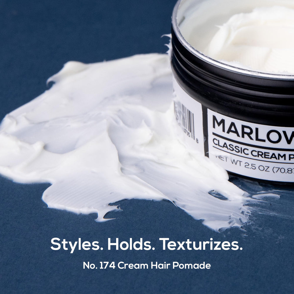 Marlowe No. 174 cream pomade being applied for flexible hold and shine.