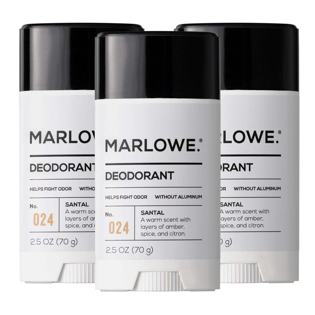 MARLOWE No.024 deodorant stick featuring sandalwood and amber for lasting freshness.