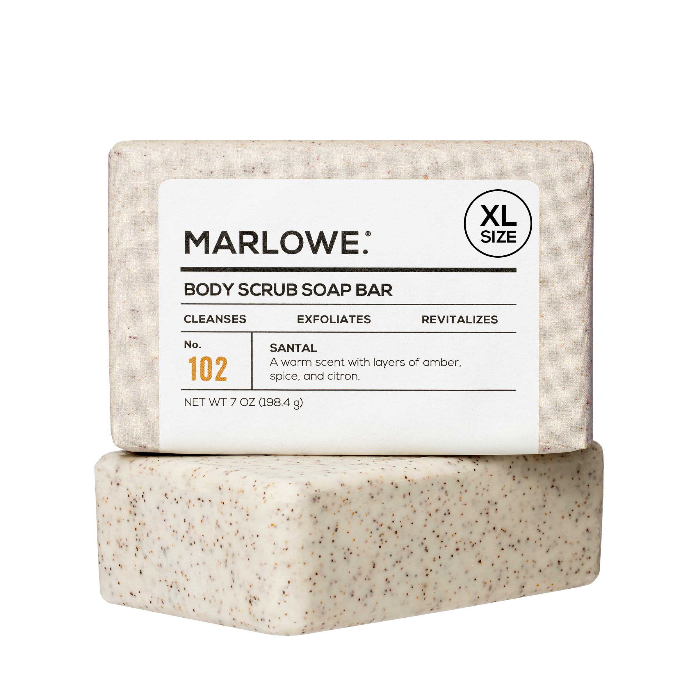 MARLOWE No. 102 body scrub soap bar front view highlights Santal scent and exfoliation