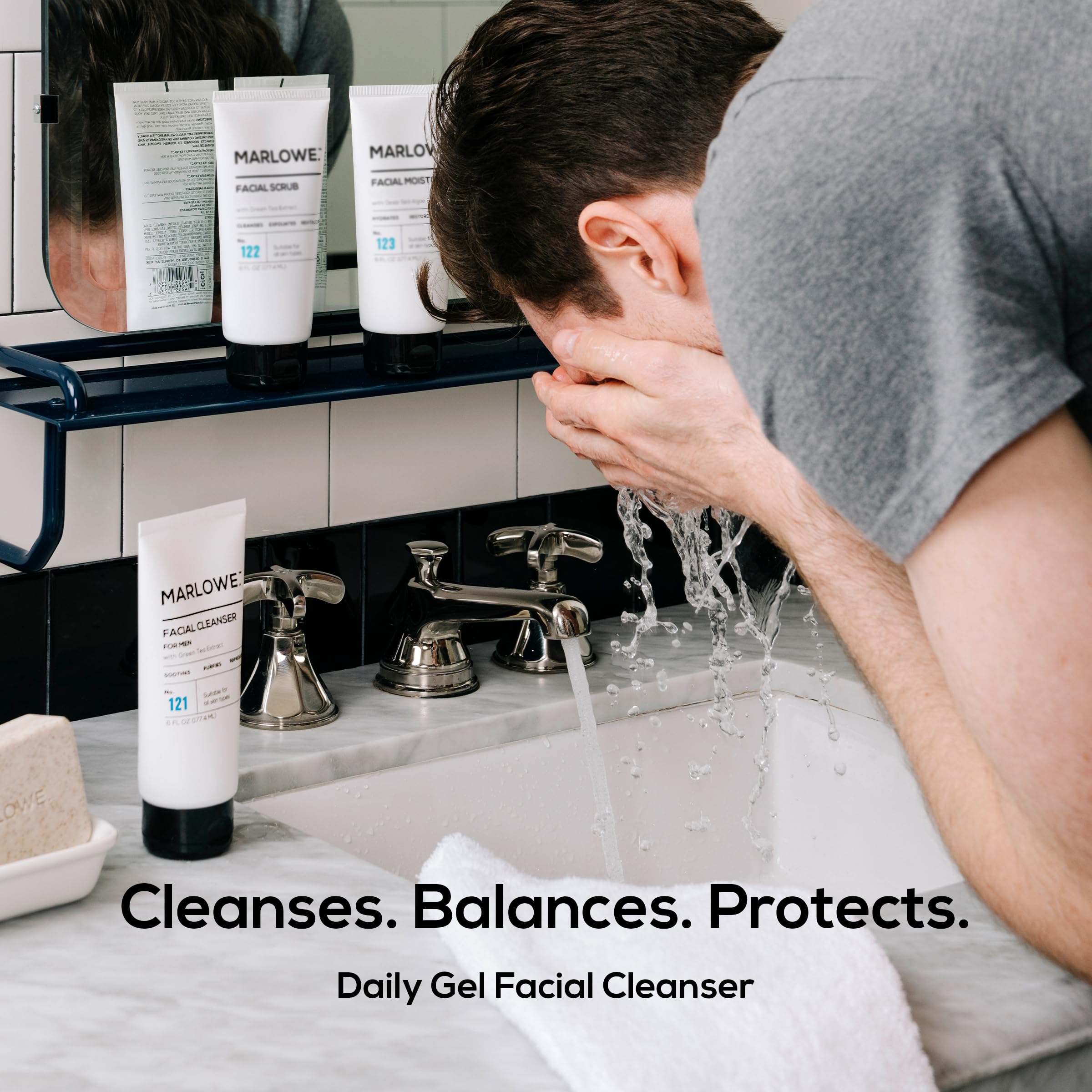 MARLOWE No. 121 gel cleanser in hand—gentle cleansing removes excess oil.