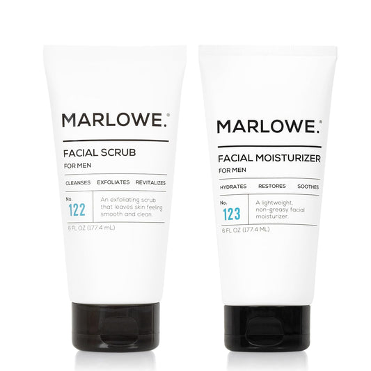 MARLOWE No. 122 facial scrub bottle close-up showing exfoliating action.