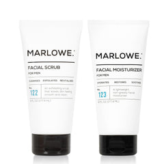 MARLOWE No. 122 facial scrub bottle close-up showing exfoliating action.