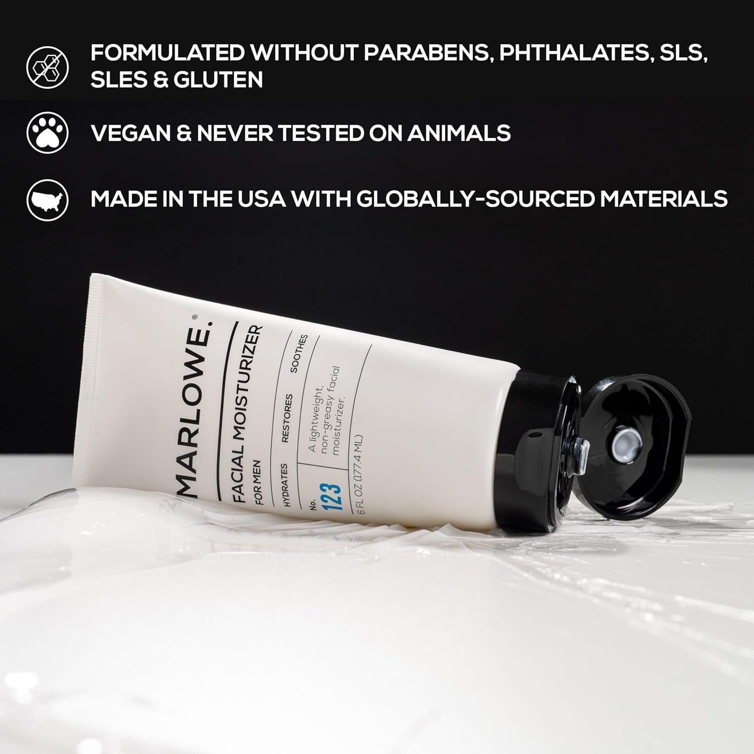 MARLOWE No. 123 facial moisturizer tube highlighting hydrating formula.