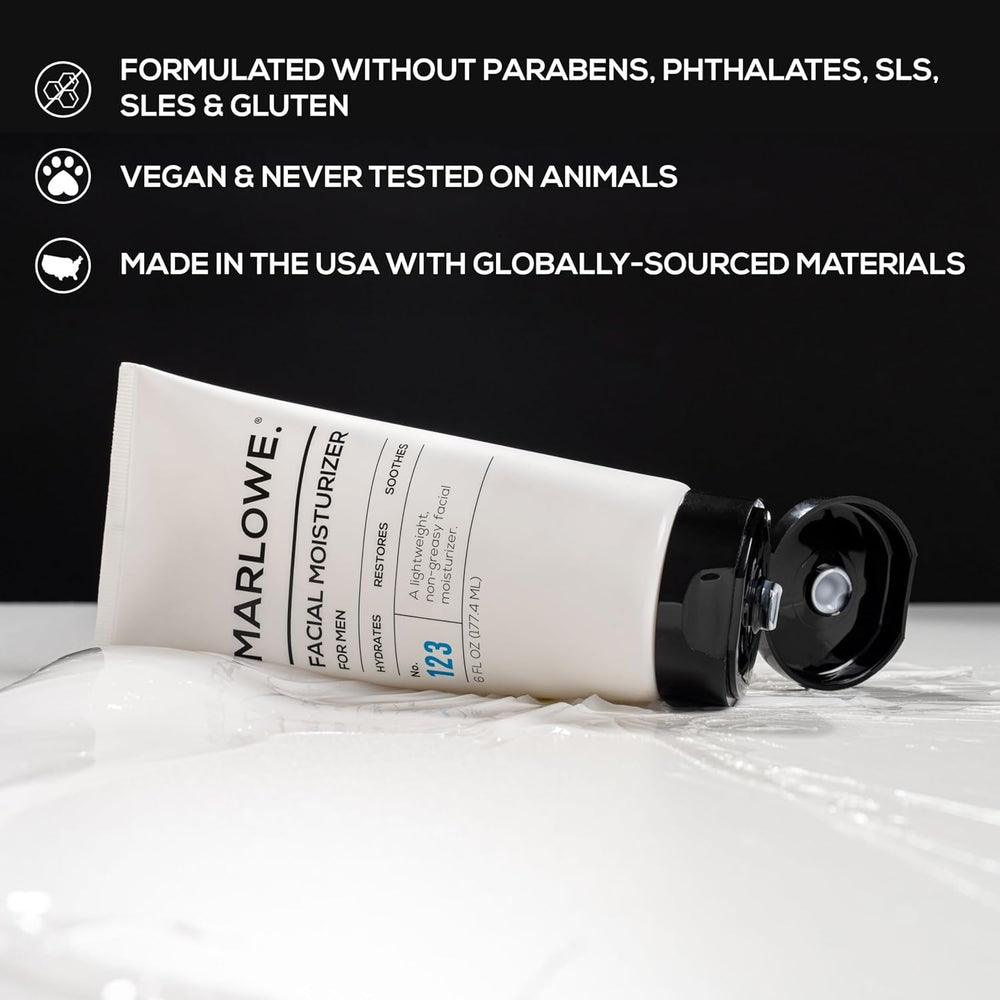MARLOWE No. 123 facial moisturizer tube highlighting hydrating formula.