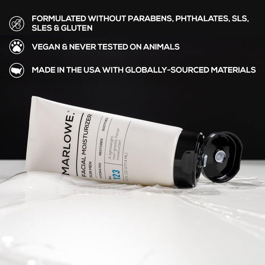 MARLOWE No. 123 facial moisturizer tube highlighting hydrating formula.