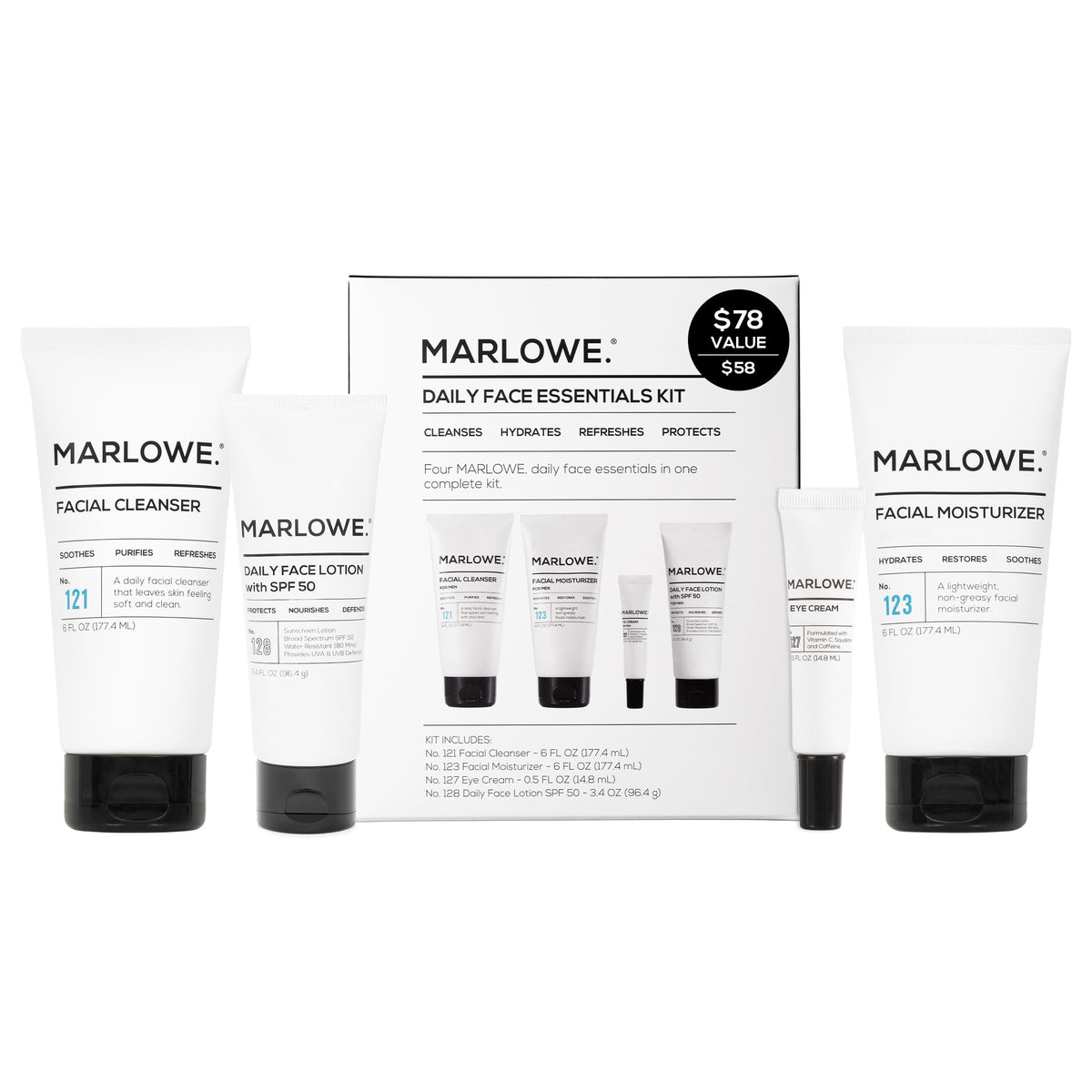 MARLOWE No204 daily essential face kit on display for easy gifting