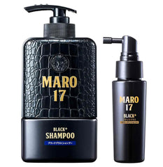 MARO17 Black+ Shampoo bottle close-up highlighting premium anti-gray formula.