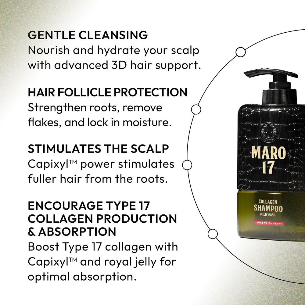 MARO17 Collagen Shampoo foam dispense illustrates hydrating daily wash.