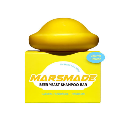 Mars Made Beer Yeast Shampoo Bar packaging shows compact, eco-friendly bar ready for travel.