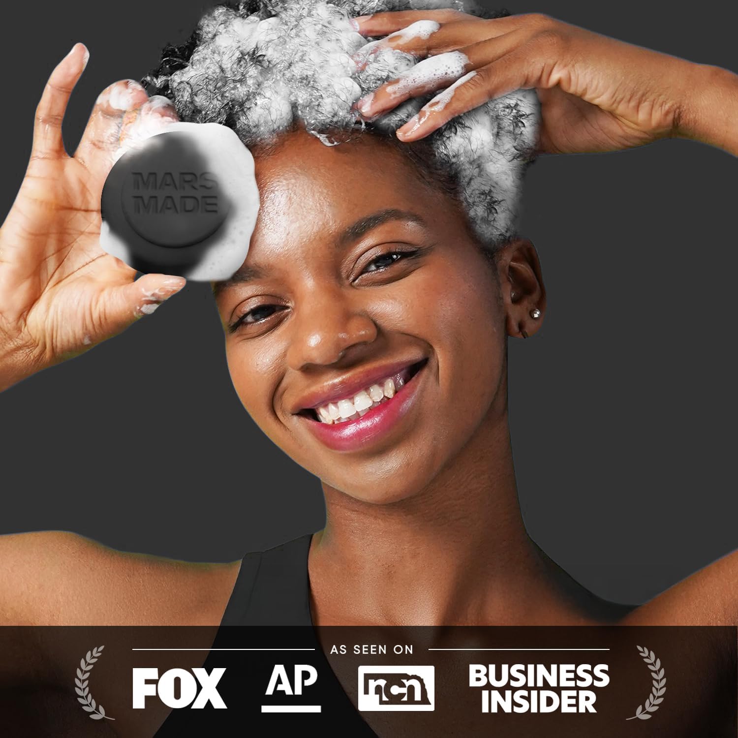 Mars Made Charcoal Shampoo Bar olive oil nourishes roots and smooths hair.