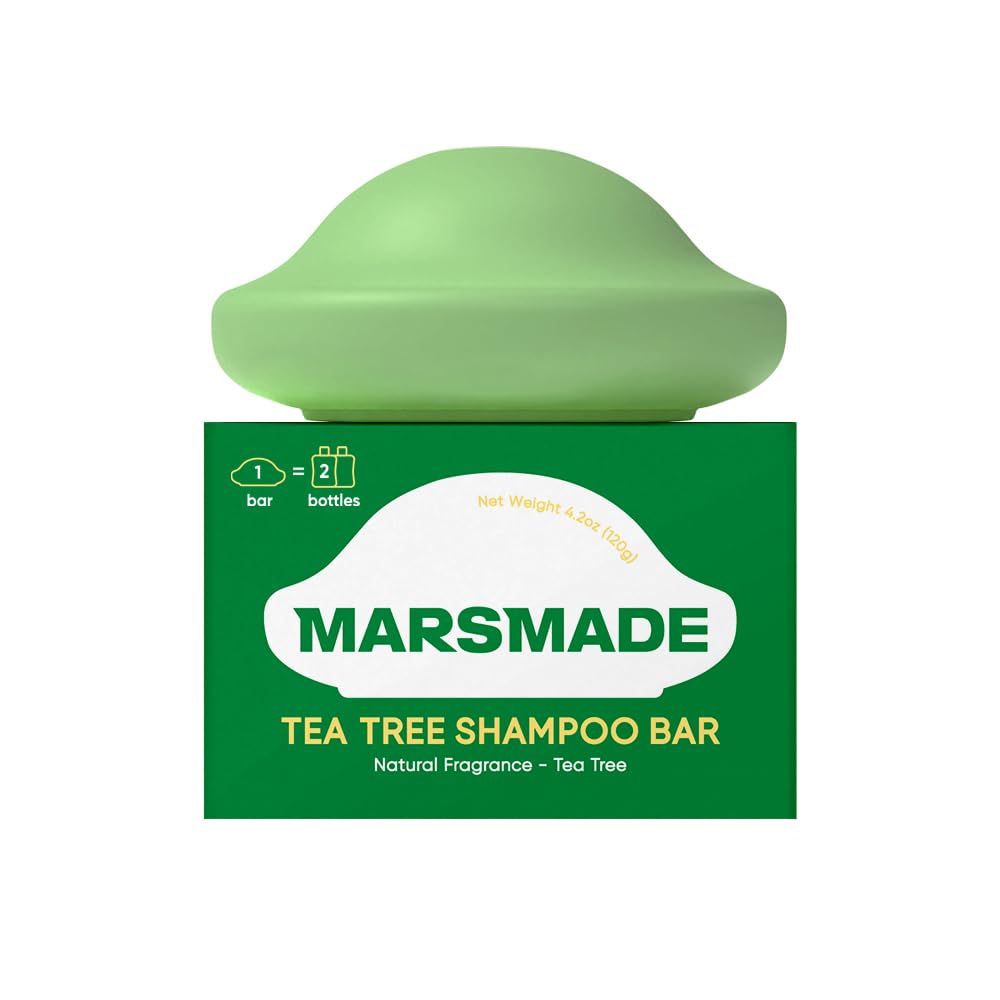 Mars Made Tea Tree Shampoo Bar packaging closeup highlights sustainable, bottle-free care.