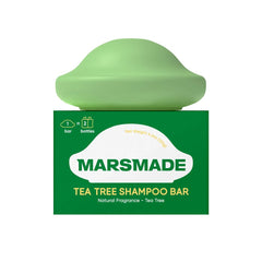 Mars Made Tea Tree Shampoo Bar packaging closeup highlights sustainable, bottle-free care.
