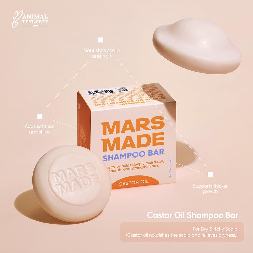 Mars Made Castor Oil Shampoo Bar on bathroom shelf, eco-friendly packaging visible.