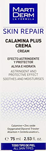 Packaging label for Martiderm Calamina Plus Cream highlighting soothing formula for mild irritations.