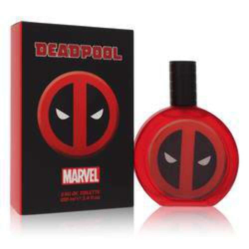 Close-up of Marvel Deadpool packaging and bottle for bold evening fragrance use